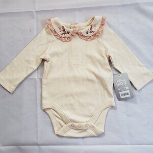 DISNEY Baby NWT Cream Peach Eyelet Bodysuit 9-12 New Collar Embroidered Girls